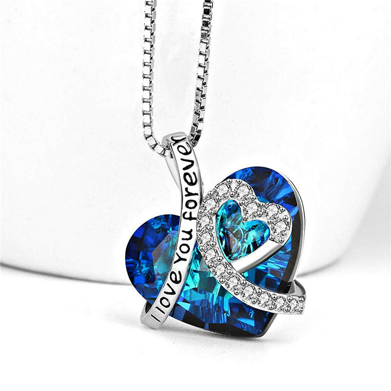 I Love You Forever Heart Pendant Necklace Blue Crystal Jewelry Women Mom Gift I Love You Forever Heart Pendant Necklace Blue Crystal Jewelry Women Mom Gift