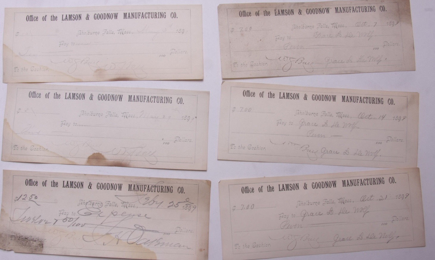 1899 Lamson Goodnow (6) Signed Pay Vouchers Antique Hand Written Ephemera C28-13 1899 Lamson Goodnow (6) Signed Pay Vouchers Antique Hand Written Ephemera C28-13