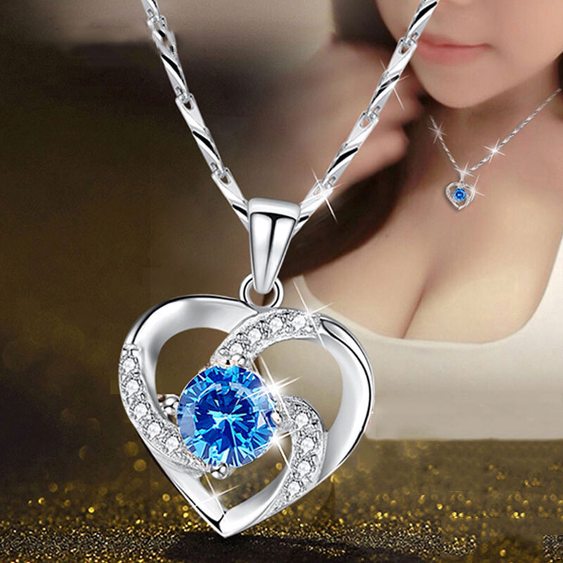 2021 Fashion Heart Silver Necklace Pendant for Women White Sapphire Jewlery Gift