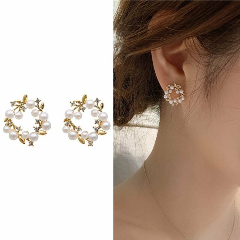 Charm Pearl Wreath Crystal Round Earrings Stud Drop Hollow Women Jewelry Gifts Charm Pearl Wreath Crystal Round Earrings Stud Drop Hollow Women Jewelry Gifts