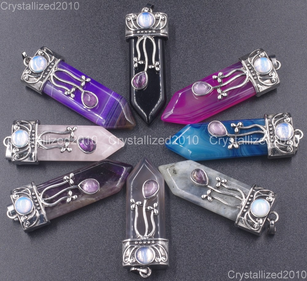 Natural Gemstone Vintage Tibetan Silver Hexagonal Pointed Healing Pendant Beads Natural Gemstone Vintage Tibetan Silver Hexagonal Pointed Healing Pendant Beads