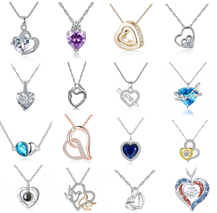 Women silver gold rose plated heart love charm bling crystal pendant Necklace Women silver gold rose plated heart love charm bling crystal pendant Necklace