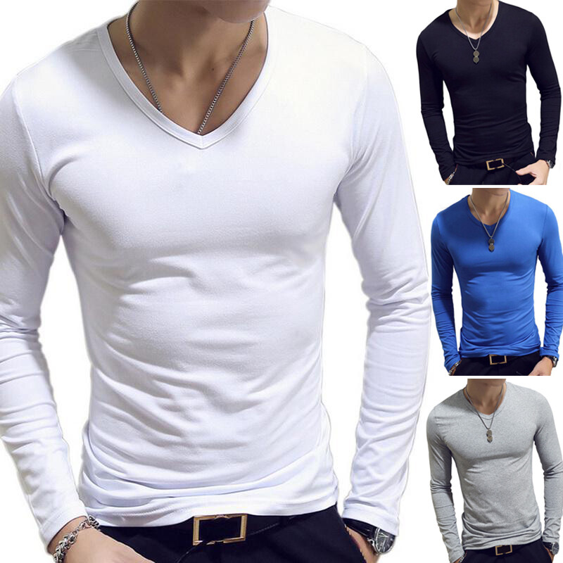 Fashion Men’s V-Neck Long Sleeve T-Shirt Slim Fit Casual Tops Blouse Pullover1pc