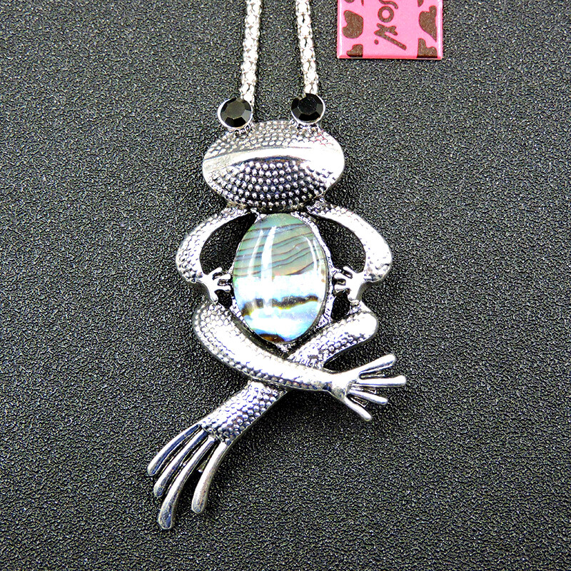 Betsey Johnson Silver Alloy Enamel Opal Frog Pendant Chain Necklace/Brooch