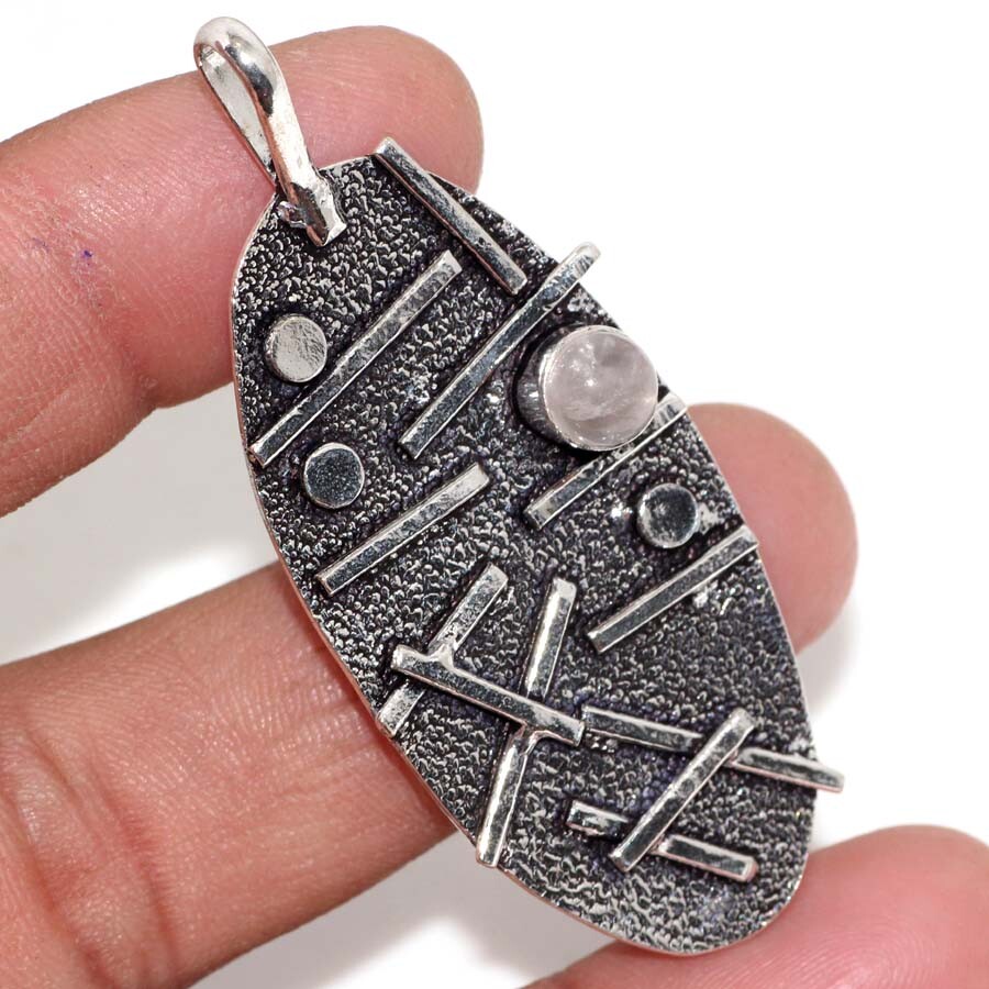 Rose Quartz 925 Silver Plated Gemstone Handmade Pendant 2.4″ Ethnic Gift GW