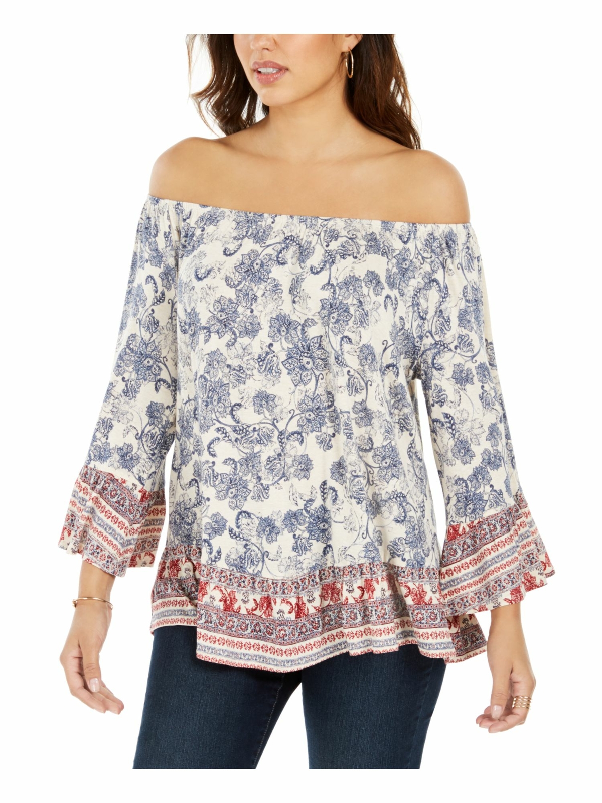 STYLE & COMPANY Womens Beige Floral Bell Sleeve Off Shoulder Top Size: L STYLE & COMPANY Womens Beige Floral Bell Sleeve Off Shoulder Top Size: L