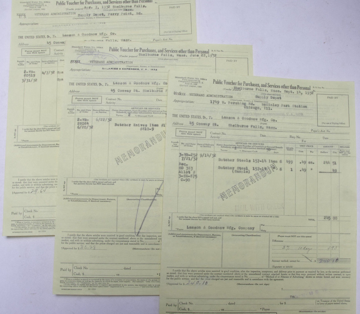 1932 Lamson Goodnow Veterans Administration Chicago IL Voucher Ephimera P488L 1932 Lamson Goodnow Veterans Administration Chicago IL Voucher Ephimera P488L