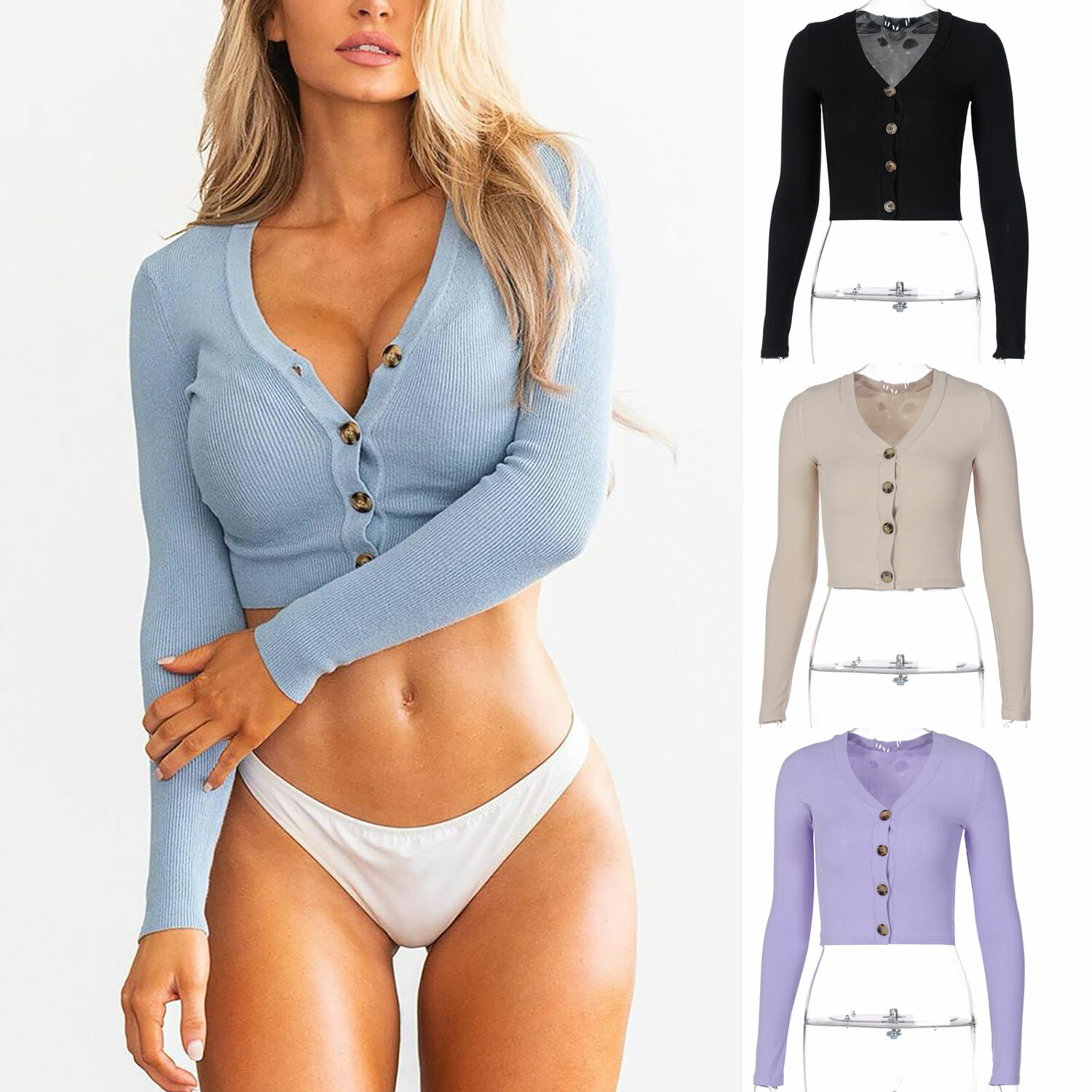 Women’s Long Sleeve Crop Button Cardigan Fashion Slim V-Neck Jumper T Shirt Tops Women’s Long Sleeve Crop Button Cardigan Fashion Slim V-Neck Jumper T Shirt Tops