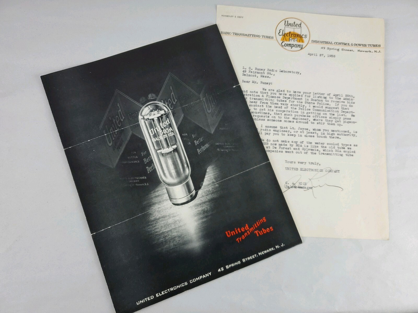 United Electronics Company Transmitting Tubes 4 page Brochure & letter Original