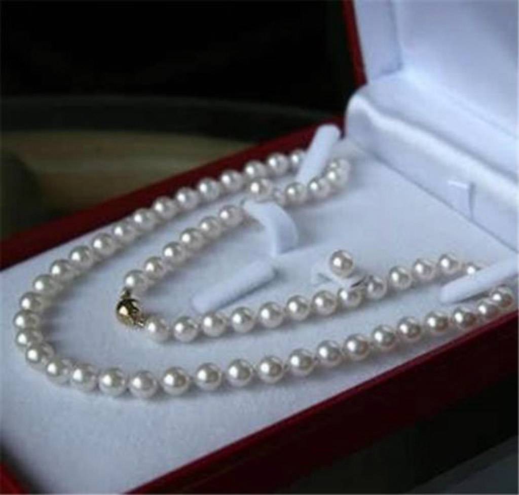 AA 7-8MM Natural White Akoya Cultured Pearl Necklace 18″ + Earrings Set