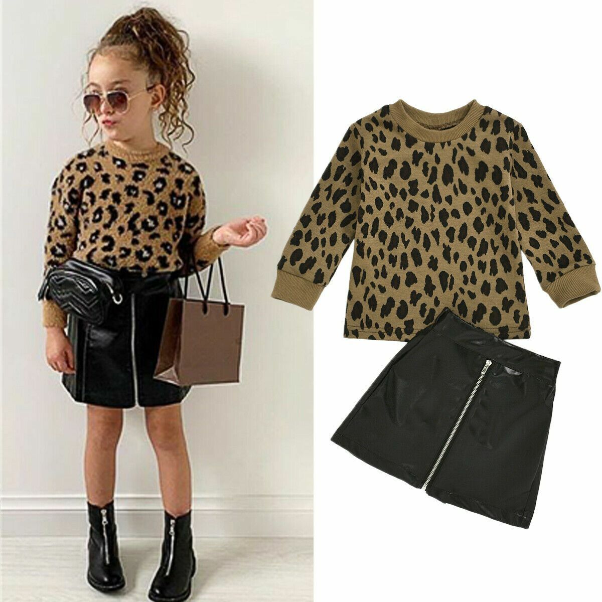 2Pcs/Set Toddler Kids Girl Clothes 1-5Y Leopard Print Sweater Tops+Leather Skirt 2Pcs/Set Toddler Kids Girl Clothes 1-5Y Leopard Print Sweater Tops+Leather Skirt