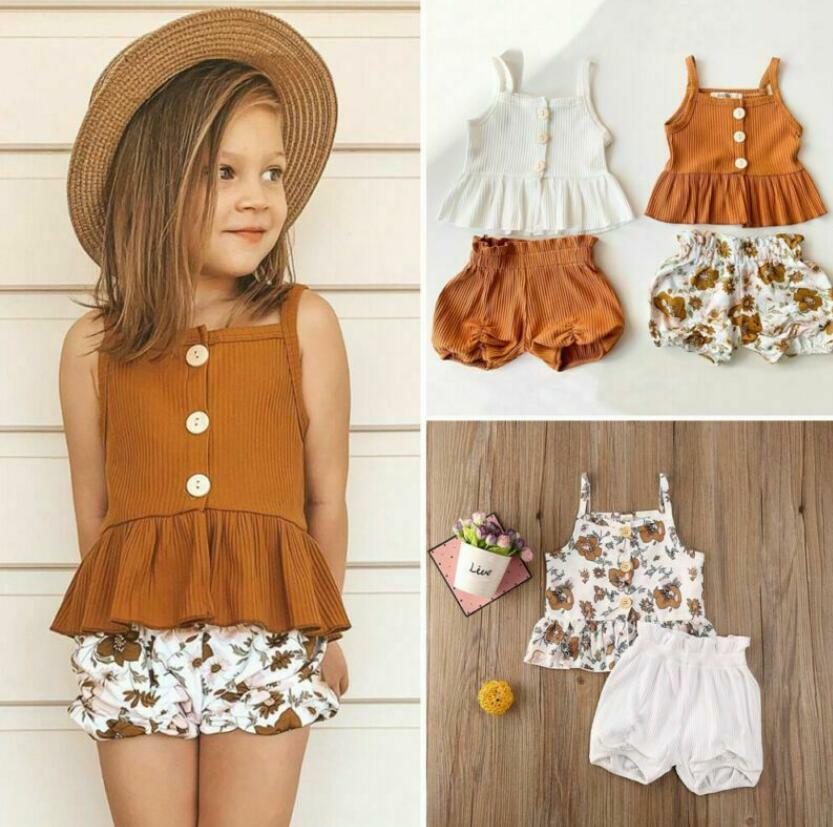 Kids Baby Girl Clothes Sleeveless Button Ruffles Tops Dress Flower Outfits 2Pcs Kids Baby Girl Clothes Sleeveless Button Ruffles Tops Dress Flower Outfits 2Pcs