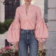 Fashion Womens Blouse V Neck Front Button Tops Puff Sleeve Basic Shirt Plus Size Fashion Womens Blouse V Neck Front Button Tops Puff Sleeve Basic Shirt Plus Size