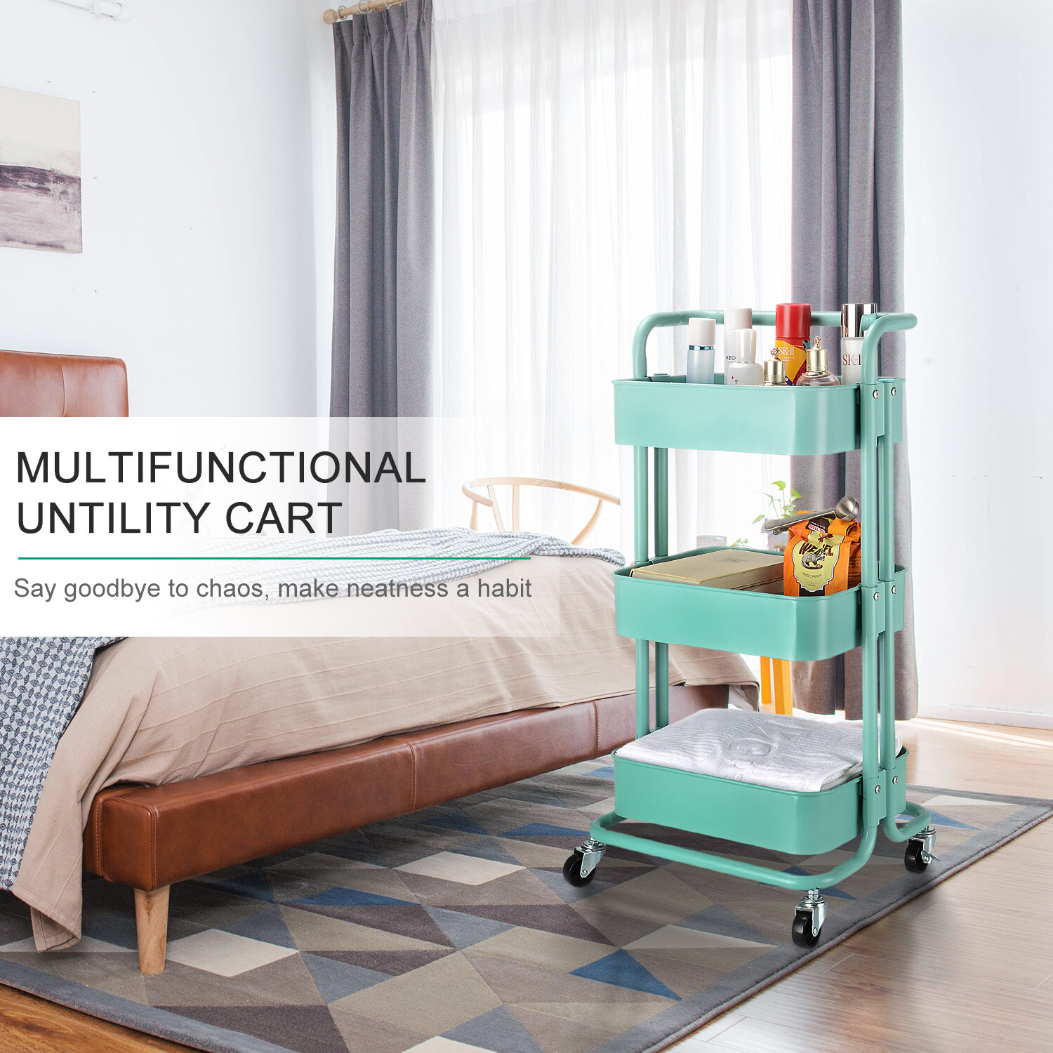 3-Tier Metal Rolling Utility Cart for Home, Bathroom, Kitchen, Office, Turquoise 3-Tier Metal Rolling Utility Cart for Home, Bathroom, Kitchen, Office, Turquoise
