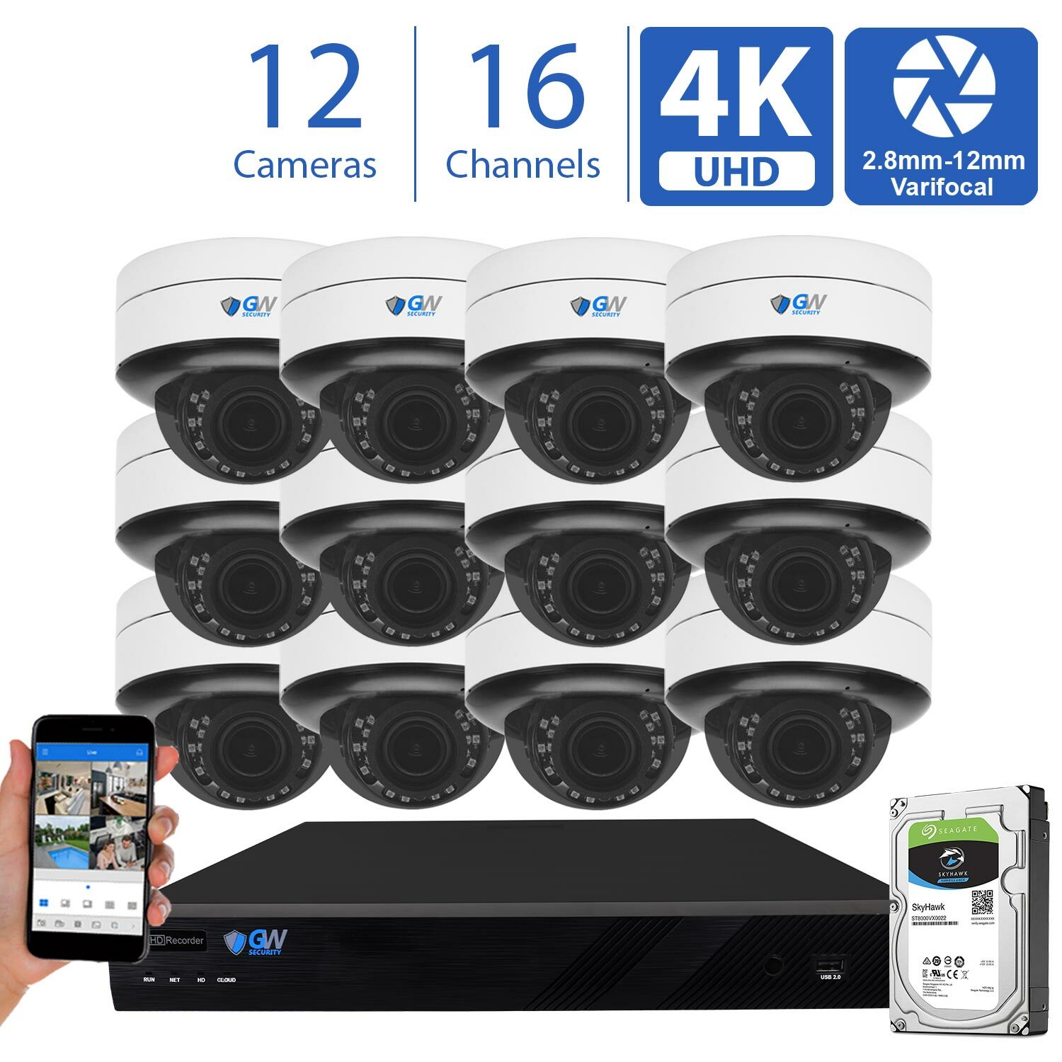 16 Channel 8MP Security Camera System (12) 4K 2.8-12mm Varifocal PoE Dome Camera
