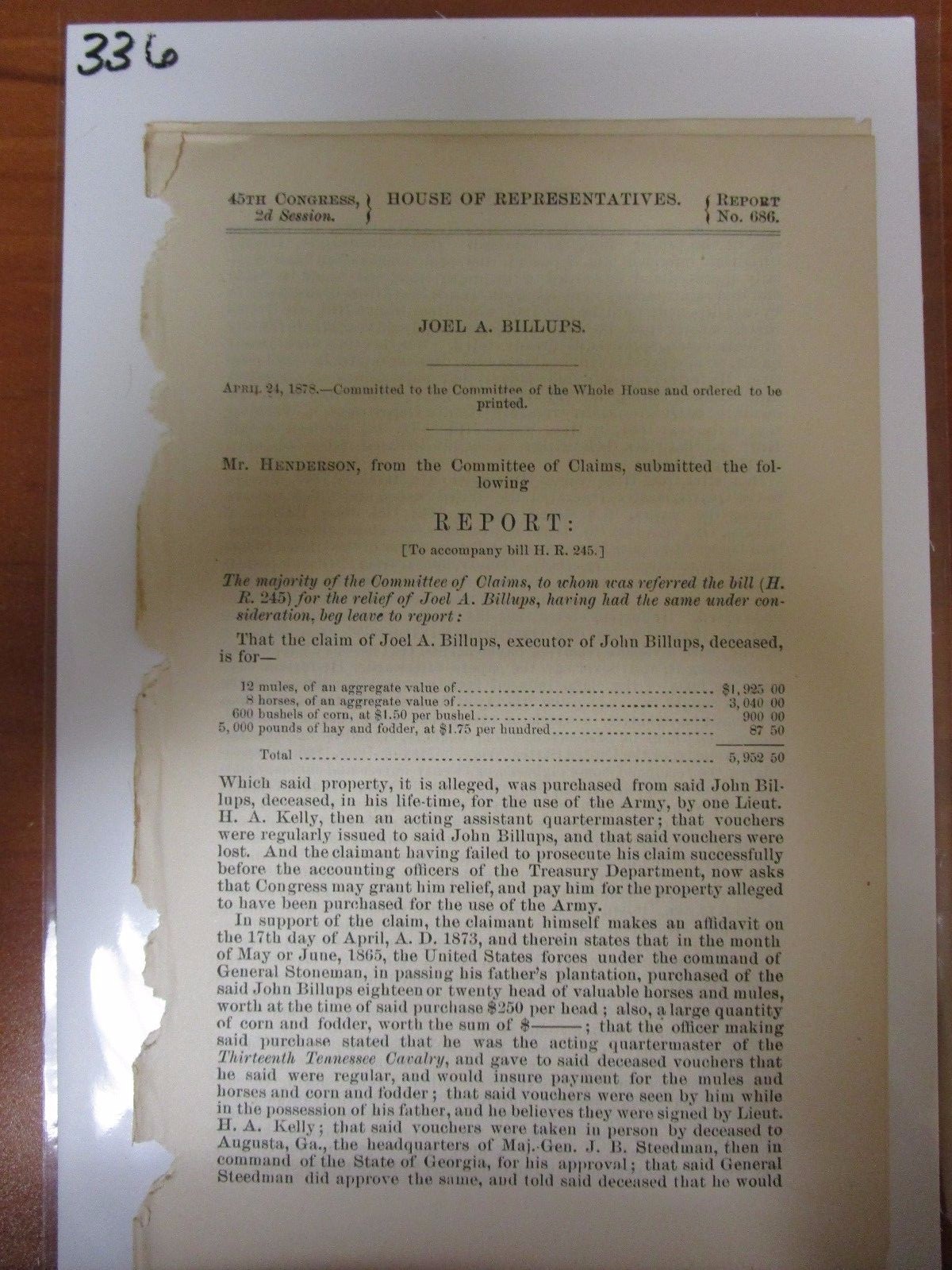 Government Report 1878 Joel A Billups monetary relief property vouchers #336 Government Report 1878 Joel A Billups monetary relief property vouchers #336