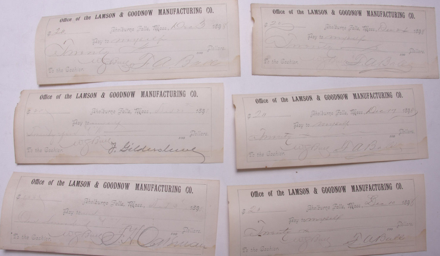1898 Lamson Goodnow (6) Signed Pay Vouchers Antique Hand Written Ephemera C28-15 1898 Lamson Goodnow (6) Signed Pay Vouchers Antique Hand Written Ephemera C28-15