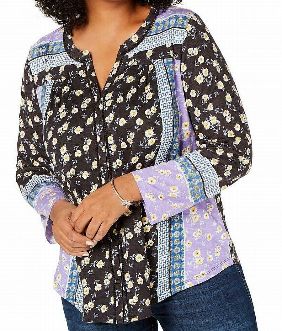 Style & Co. Women’s Knit Top Black Size 1X Plus Floral Patch Roll-Tab $49 #075