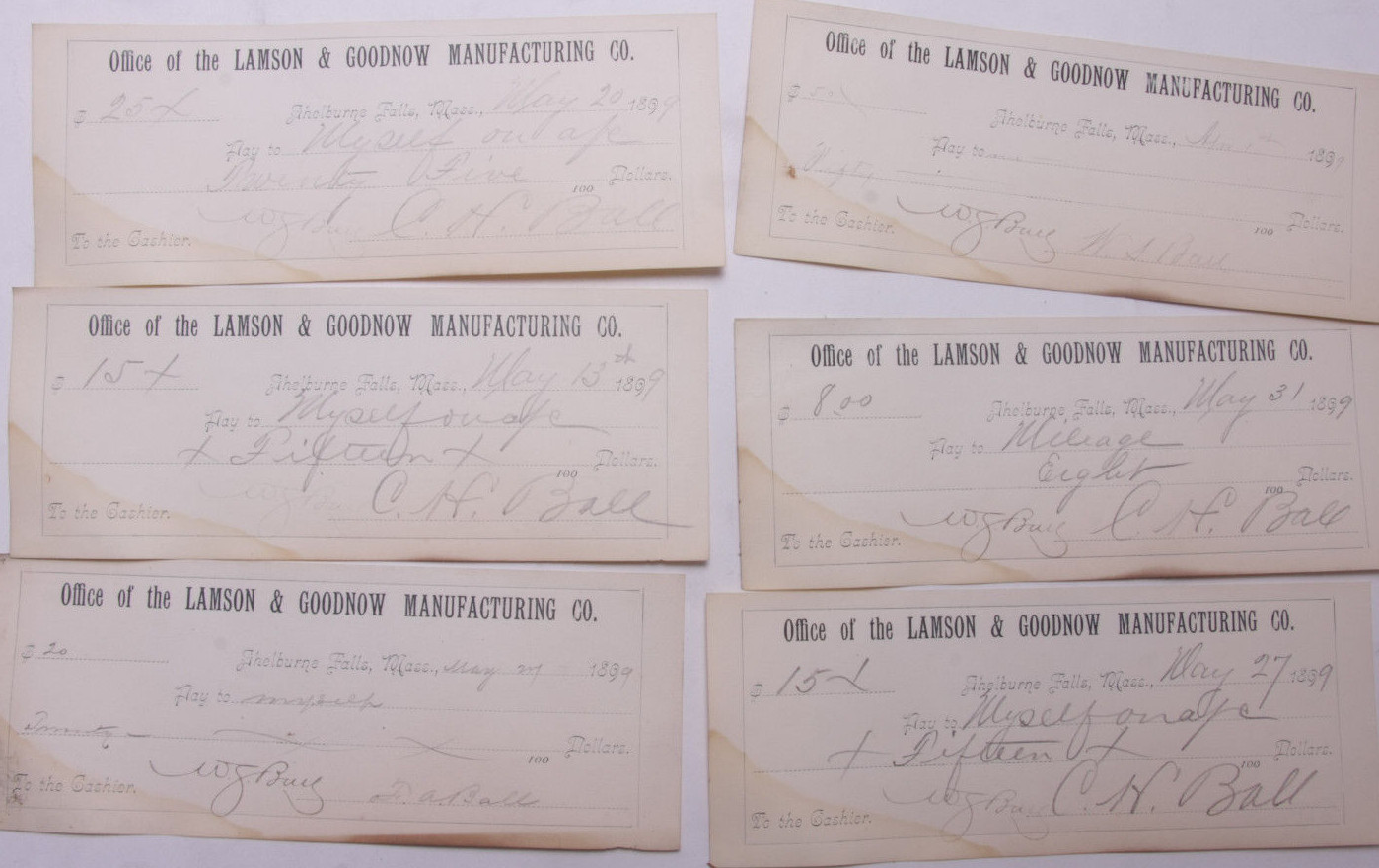 1899 Lamson Goodnow (6) Signed Pay Vouchers Antique Mileage Ephemera C28-12 1899 Lamson Goodnow (6) Signed Pay Vouchers Antique Mileage Ephemera C28-12