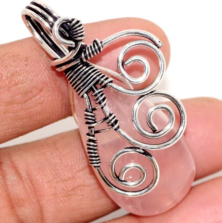 Rose Quartz 925 Silver Plated Wire-Wrapped Pendant 2″ Birthday Gift GW Rose Quartz 925 Silver Plated Wire-Wrapped Pendant 2″ Birthday Gift GW