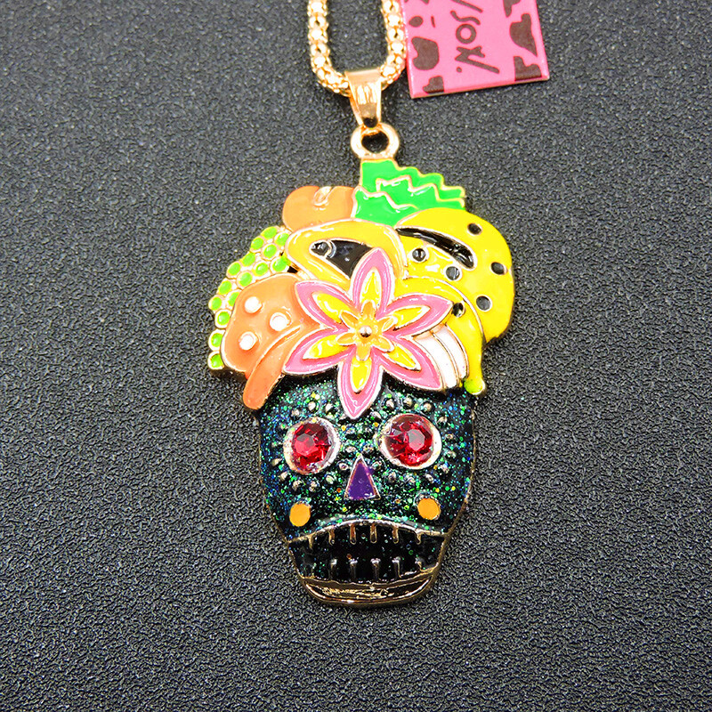 Women’s Multi-Color Enamel Crystal Flower Skull Pendant Betsey Johnson Necklace Women’s Multi-Color Enamel Crystal Flower Skull Pendant Betsey Johnson Necklace
