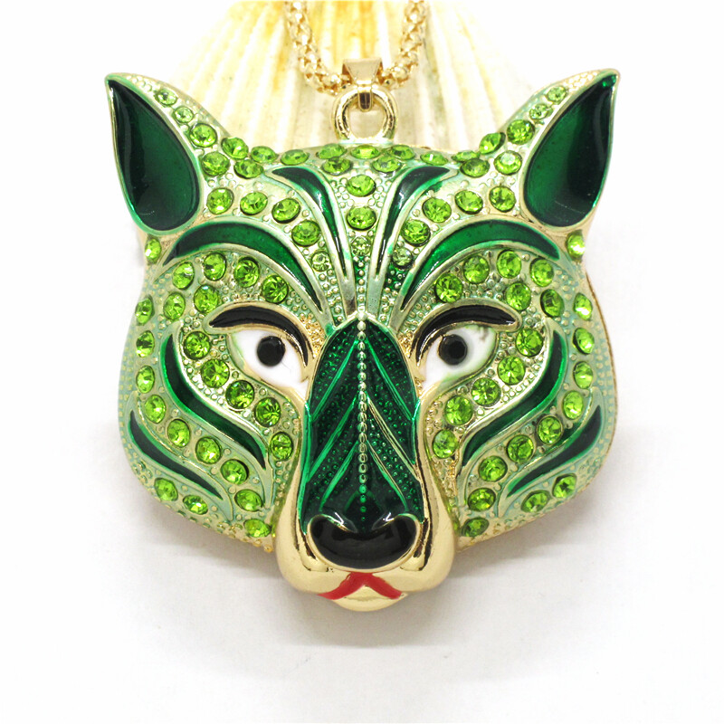 Hot Green Enamel Wolf Head Animal Crystal Jewelry Fashion Pendant Women Necklace