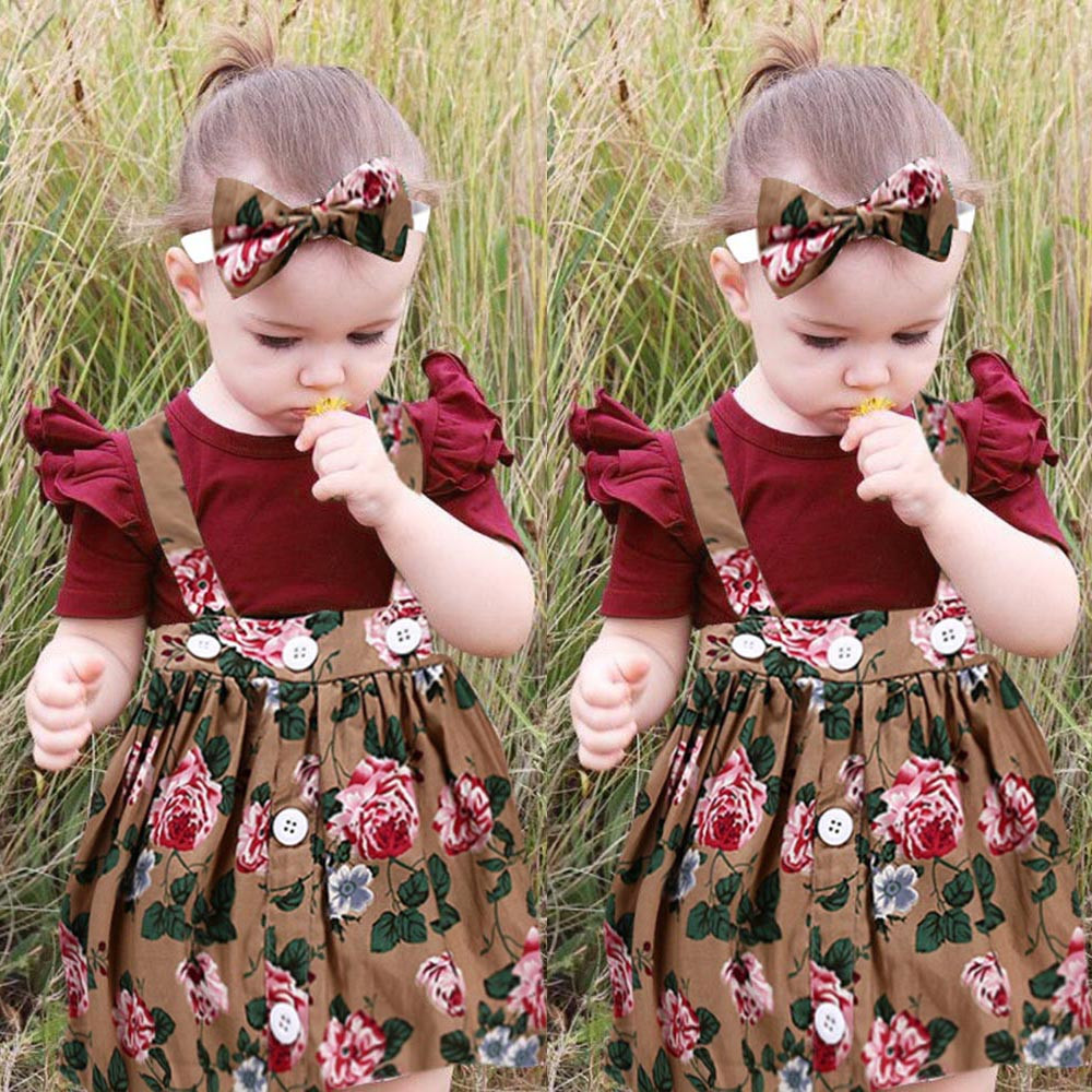 3Pcs Fashion Baby Girls Kids Floral Overalls Skirt +Headband+Romper Clothes 3Pcs Fashion Baby Girls Kids Floral Overalls Skirt +Headband+Romper Clothes