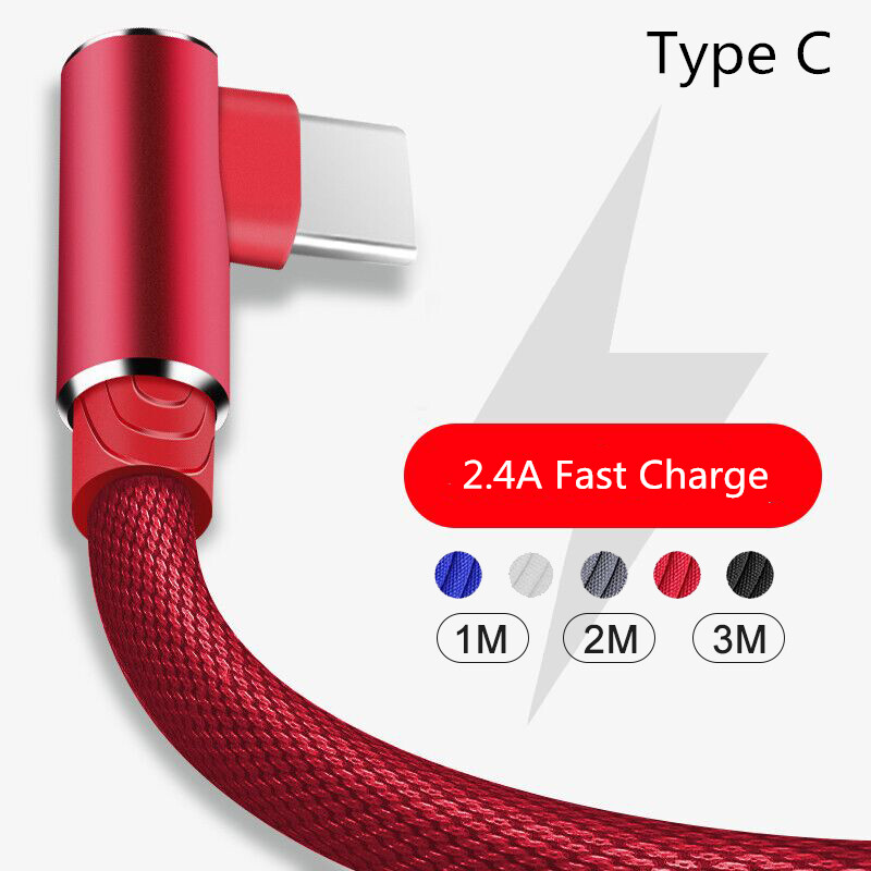 90° Elbow Braided Type C USB-C Charger Cable For Samsung Huawei Xiaomi Google