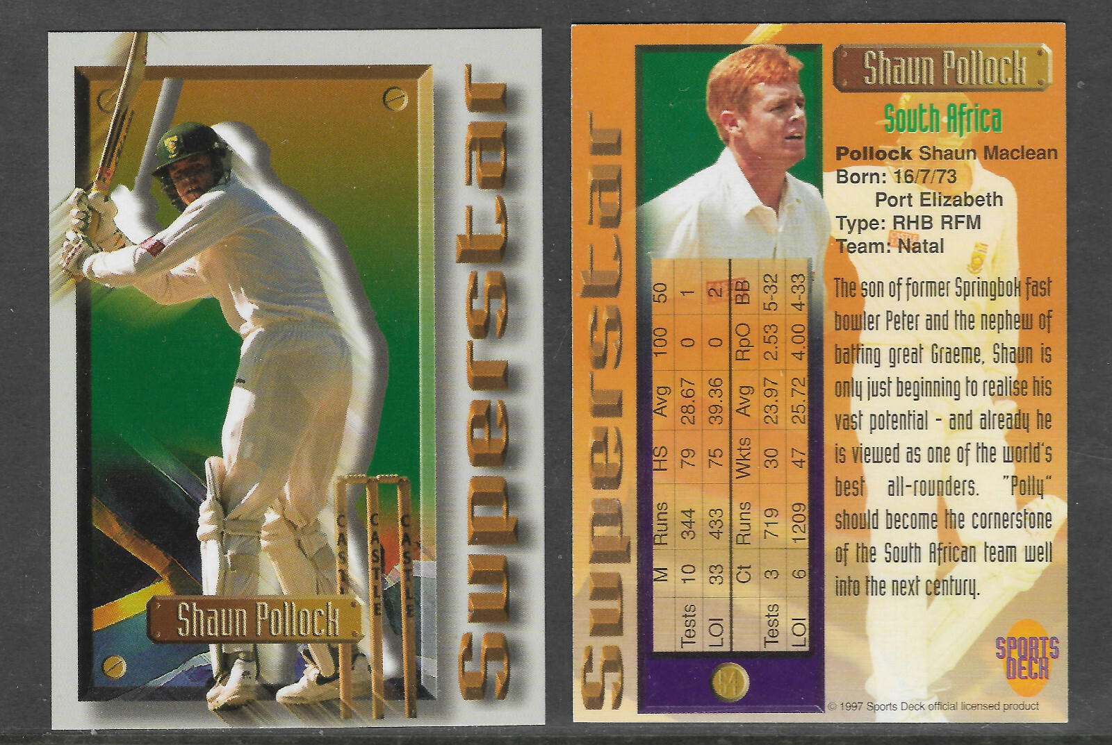SHAUN POLLOCK (SA) 1997 South Africa SPORTS DECK CRICKET SUPERSTAR CARD #54 SHAUN POLLOCK (SA) 1997 South Africa SPORTS DECK CRICKET SUPERSTAR CARD #54