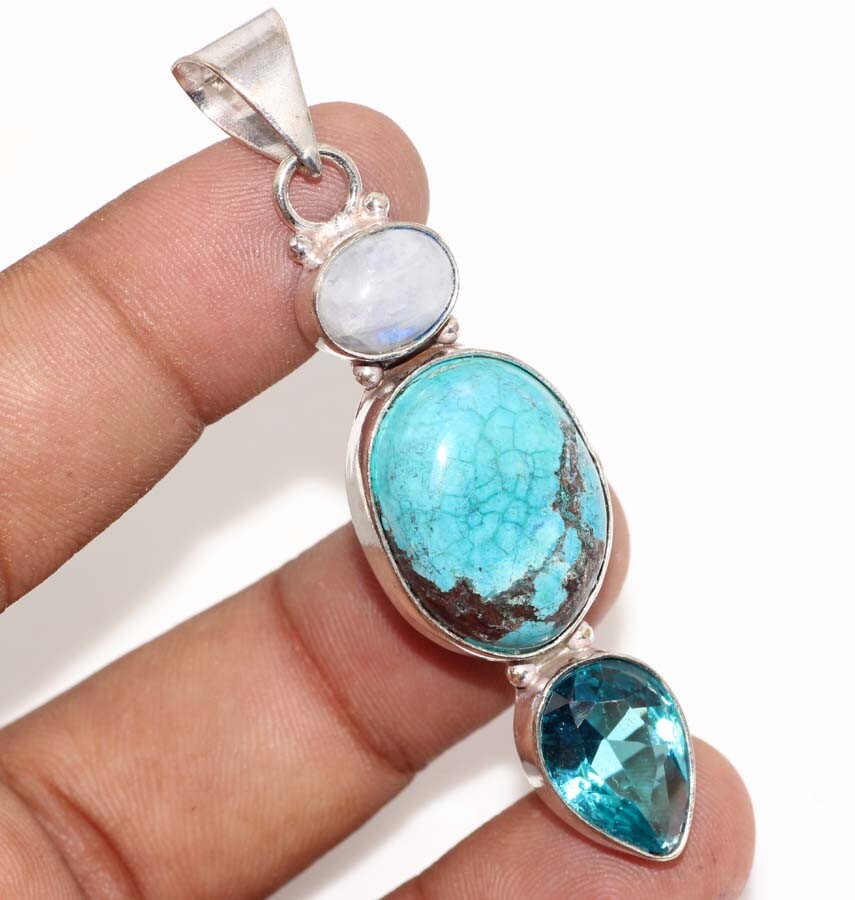 Turquoise Blue Topaz 925 Silver Plated Handmade Gemstone Pendant 2.6″ Jewelry GW Turquoise Blue Topaz 925 Silver Plated Handmade Gemstone Pendant 2.6″ Jewelry GW
