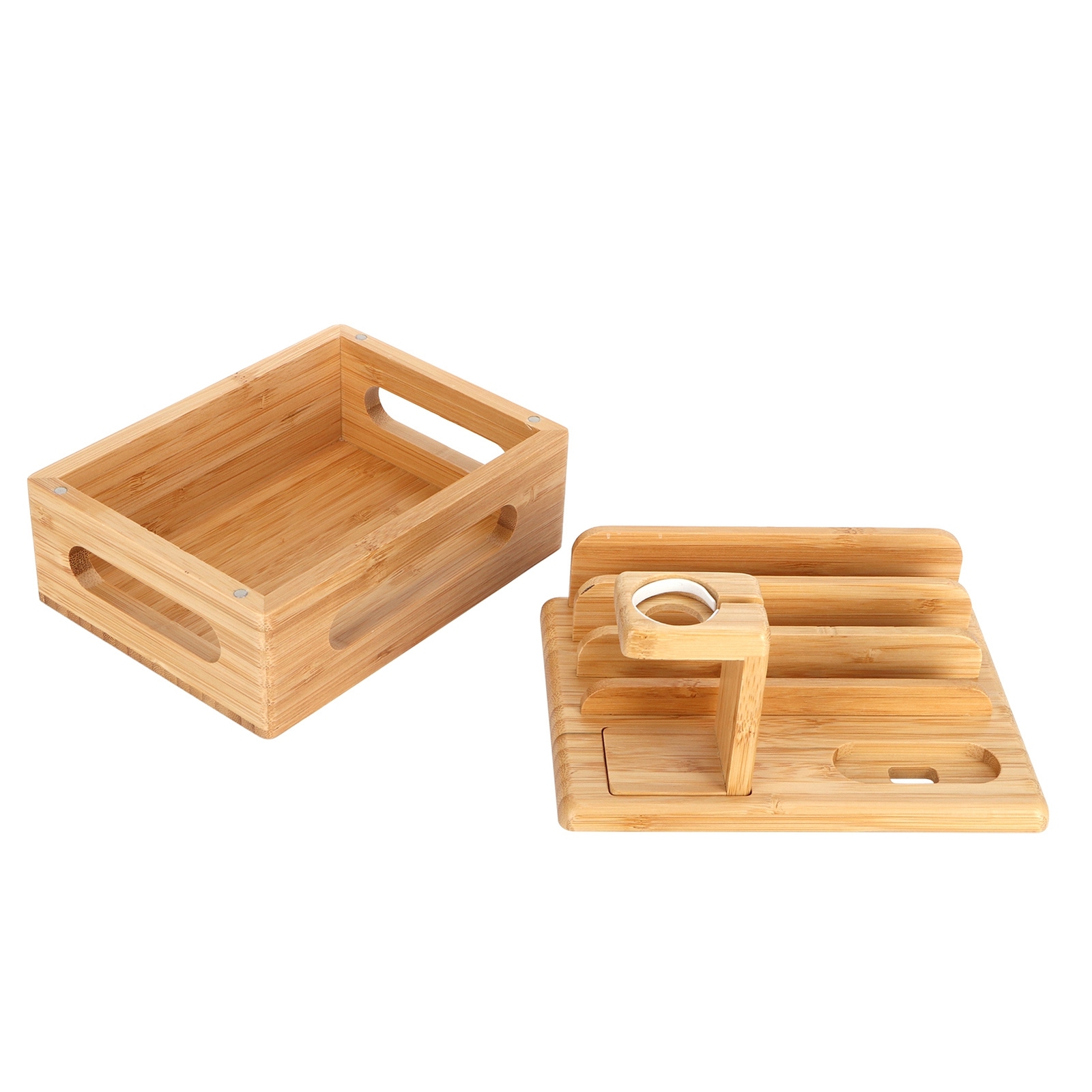 Bamboo Device Organizer Stand Cellphone Tablet Watch Holder Desktop Storage Box
