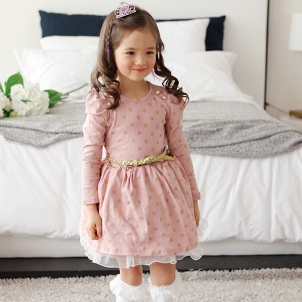 Waistband Spring Girl Dress Kids Dot Printed Long Sleeve Fashion Lace Hem Daily