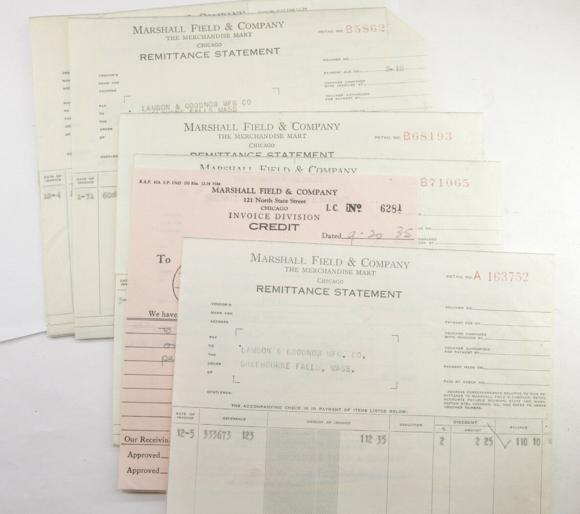 1935 Lamson Goodnow Marshall Field and Co Chicago Remit Vouchers Ephemera P768E 1935 Lamson Goodnow Marshall Field and Co Chicago Remit Vouchers Ephemera P768E