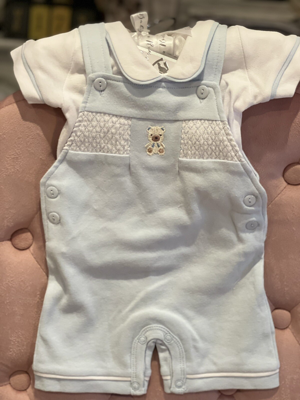 Spanish Style Newborn Baby Boys Dungarees Romper Set 2pc 0-12 m 100% Cotton Spanish Style Newborn Baby Boys Dungarees Romper Set 2pc 0-12 m 100% Cotton