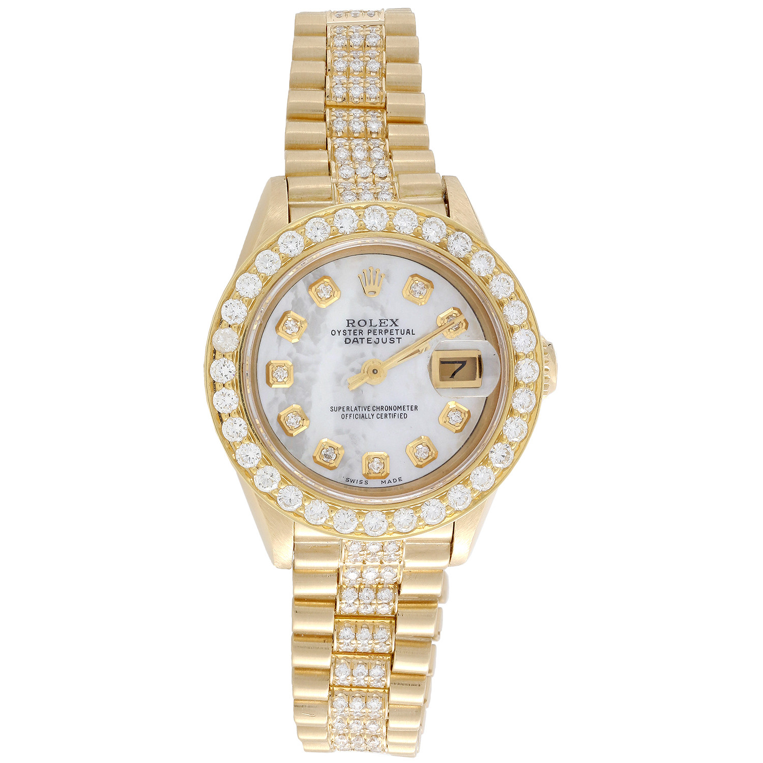 Rolex 18K Gold President 26mm DateJust 69178 VS Diamond White MOP Watch 3.70 CT. Rolex 18K Gold President 26mm DateJust 69178 VS Diamond White MOP Watch 3.70 CT.