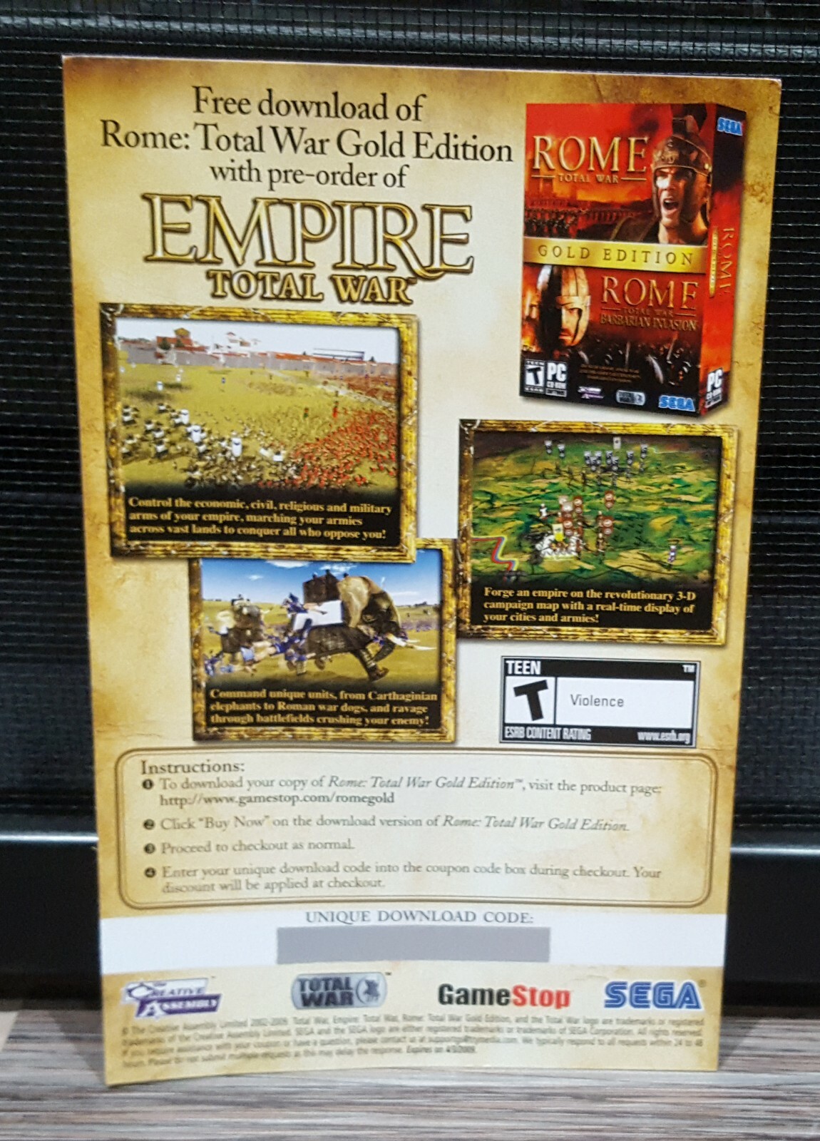 2009 Empire Total War Original Promo Rome Download Code Voucher – PC
