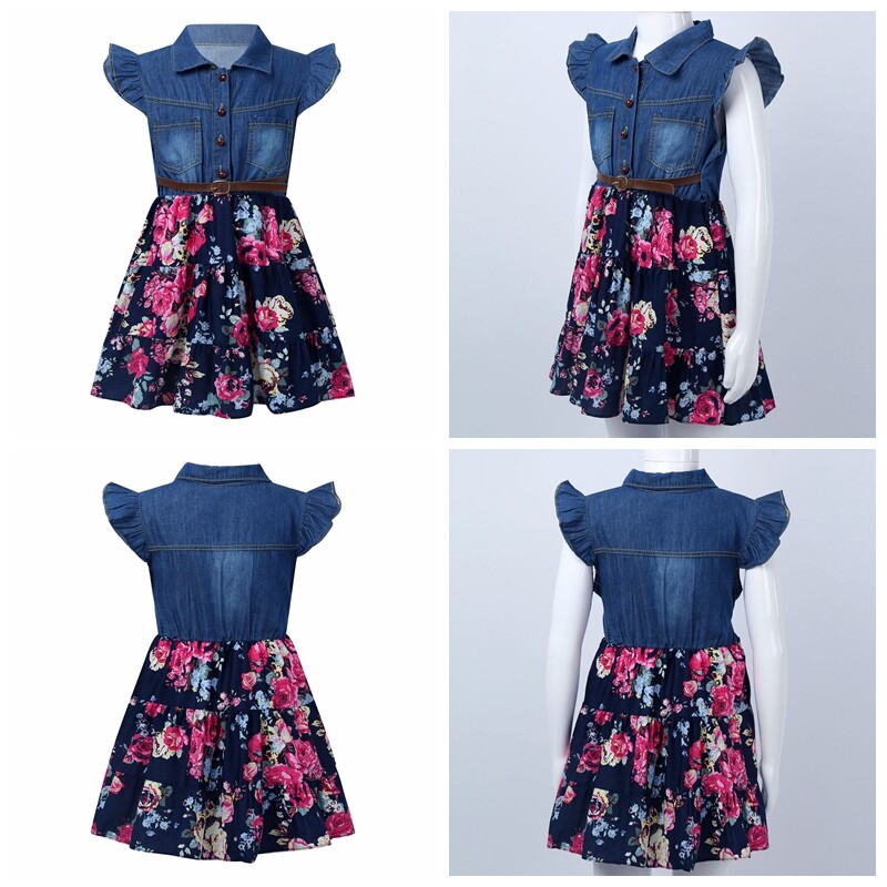 Girls Kids Fashion Dress Flower Pattern Denim Bodice A-line Dress Casual Clothes