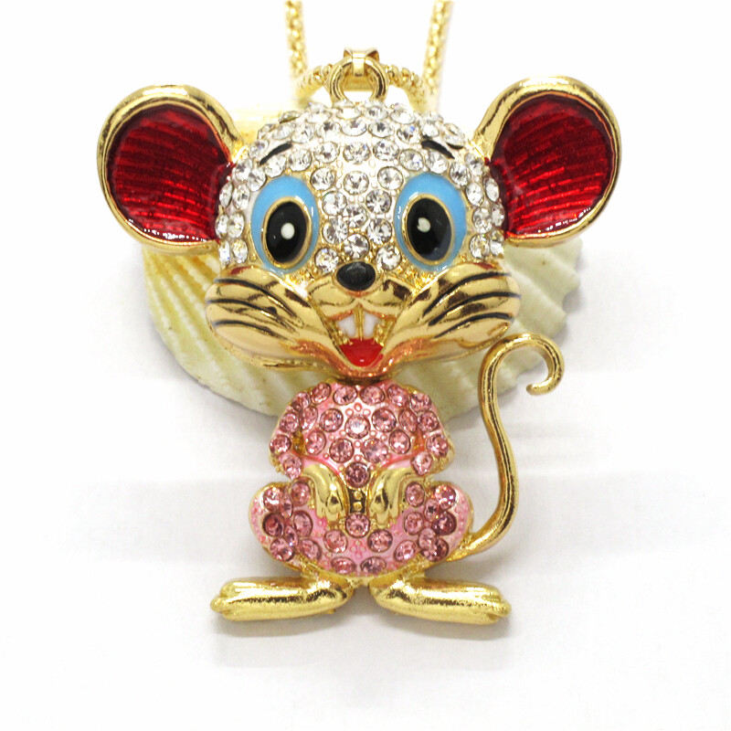 Hot  Pink Enamel Cute Mouse Animal Crystal Jewelry Fashio Pendant Women Necklace