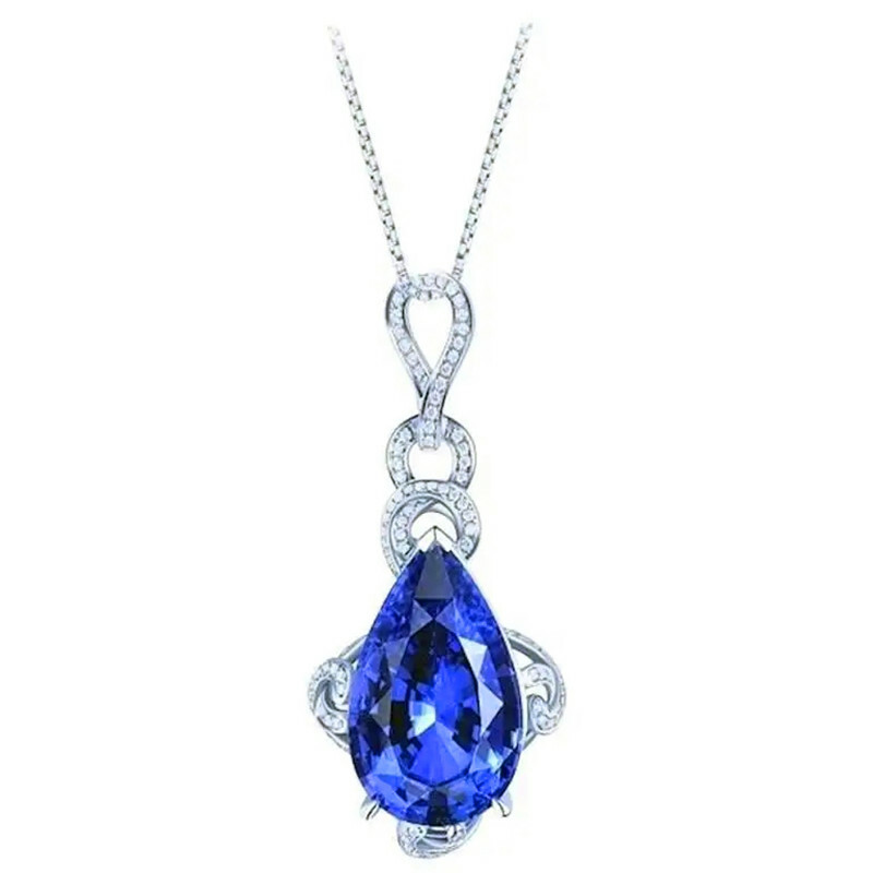 Elegant 925 Silver Necklace Pendants Blue Sapphire Women Jewelry Gift Elegant 925 Silver Necklace Pendants Blue Sapphire Women Jewelry Gift