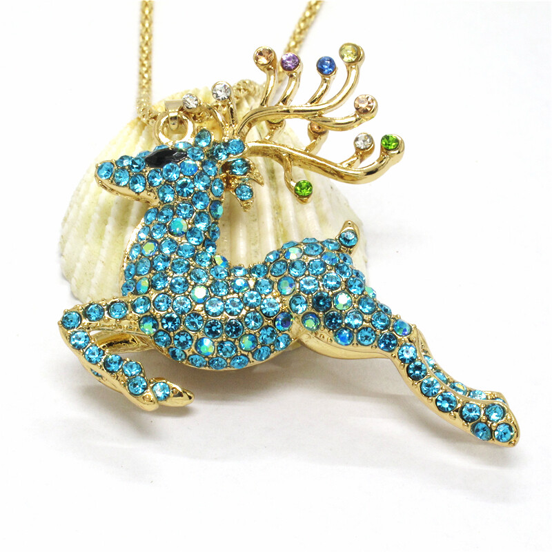 Hot Blue Bling Cute Elk Deer Crystal Jewelry Fashion Pendant Women Necklace