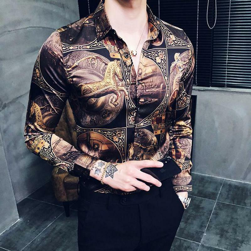 New Fashion Gold Print Luxury Mens Fashion Unbranded Shirt Long Sleeve Slim 2020 New Fashion Gold Print Luxury Mens Fashion Unbranded Shirt Long Sleeve Slim 2020