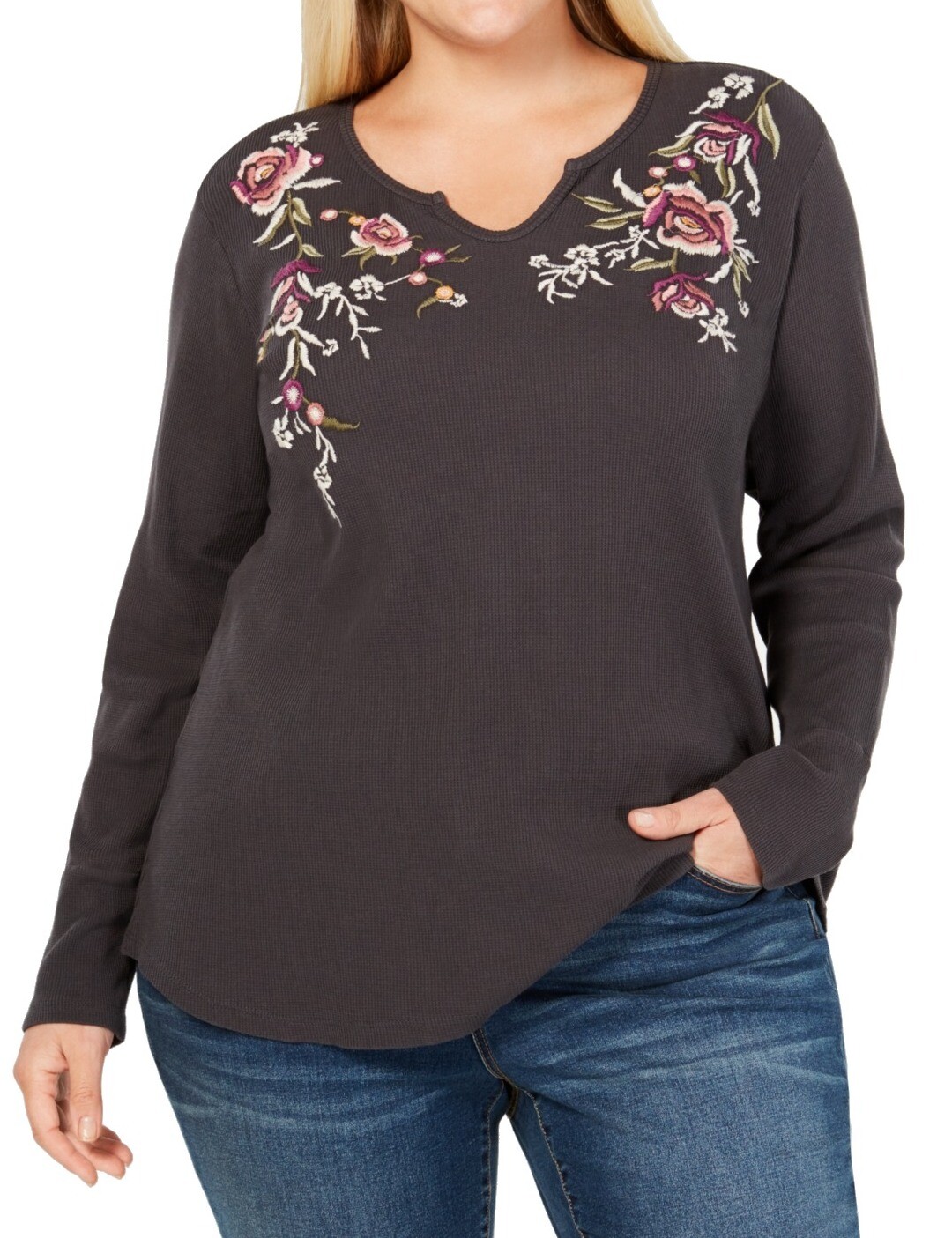 Style & Co Womens Top Gray 1X Plus Split-Neck Embroidered Waffle Knit $49 111