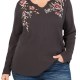 Style & Co Womens Top Gray 1X Plus Split-Neck Embroidered Waffle Knit 111 Style & Co Womens Top Gray 1X Plus Split-Neck Embroidered Waffle Knit 111