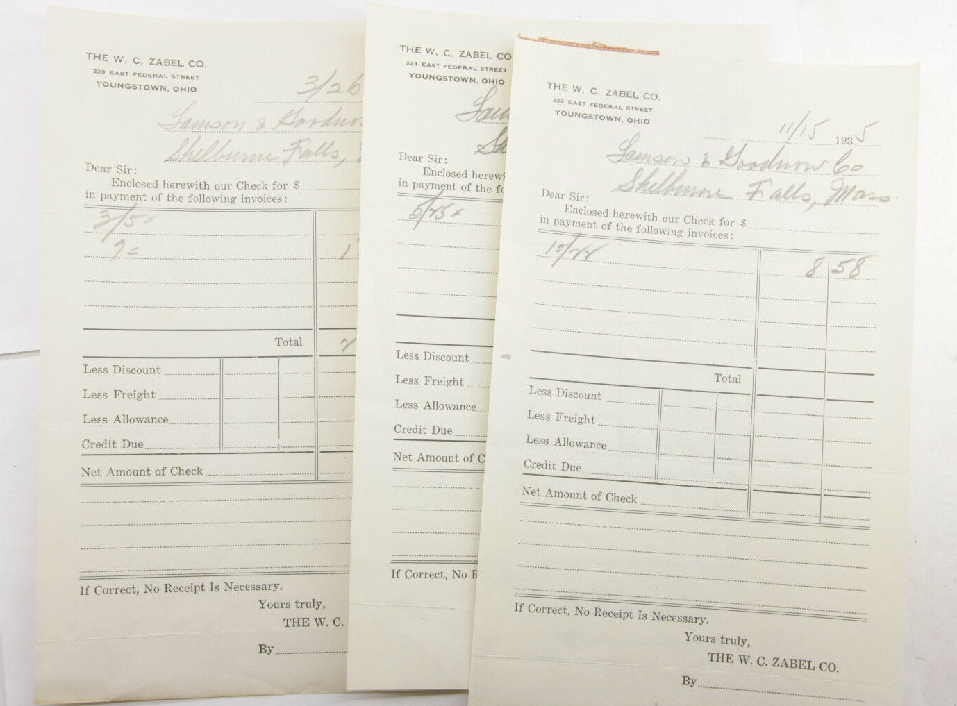 1935 Lamson Goodnow W C Zabel Co Youngtown OH Payment Vouchers Ephemera P771E 1935 Lamson Goodnow W C Zabel Co Youngtown OH Payment Vouchers Ephemera P771E
