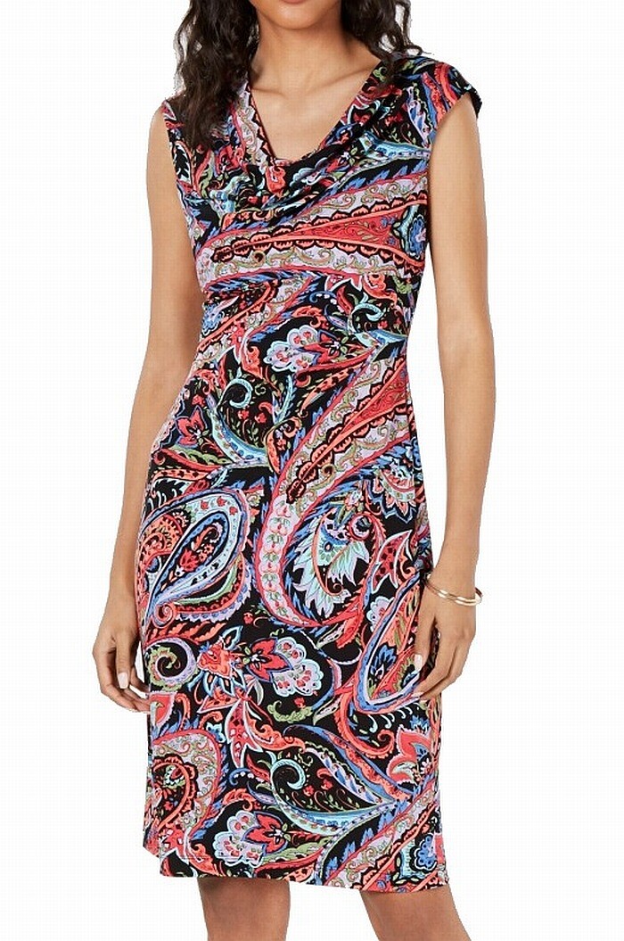 Connected Apparel Women’s Dress Red Size 8 Sheath Cowl Neck Paisley $69 #187
