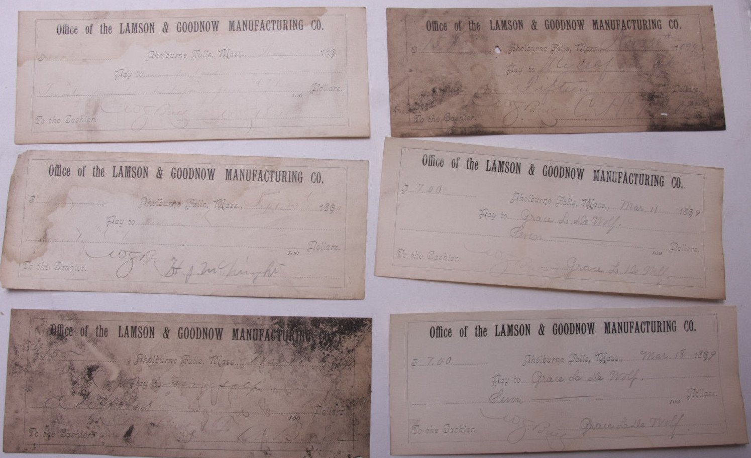 1899 Lamson Goodnow (6) Signed Pay Vouchers Antique Hand Written Ephemera C28-24 1899 Lamson Goodnow (6) Signed Pay Vouchers Antique Hand Written Ephemera C28-24
