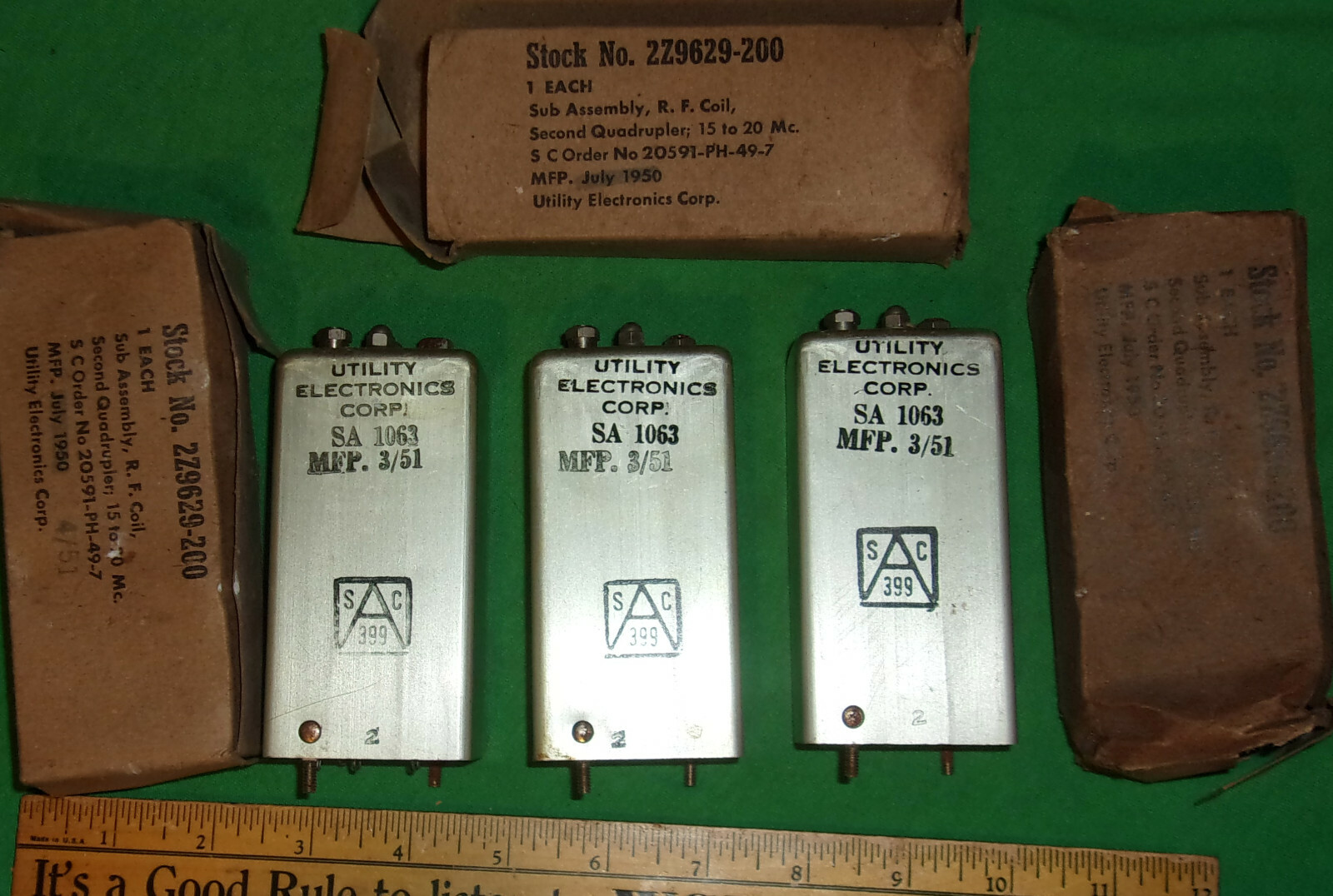 (3) NOS RF Coils by Utility Electronics Corp Stock No. 2Z9629-200 (4/51) 15-20Mc