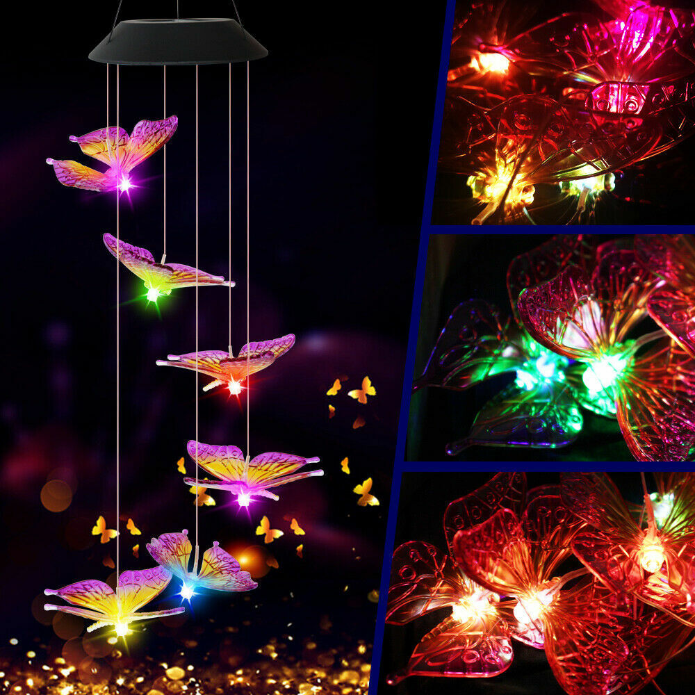 Solar Color Changing LED Large Butterfly Wind Chimes Home Garden Decor Light