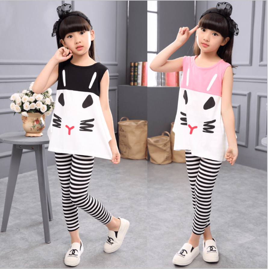 2pcs Kids Baby Girls Summer Fashion Korean Sleeveless Tops+Striped Pants Clothes