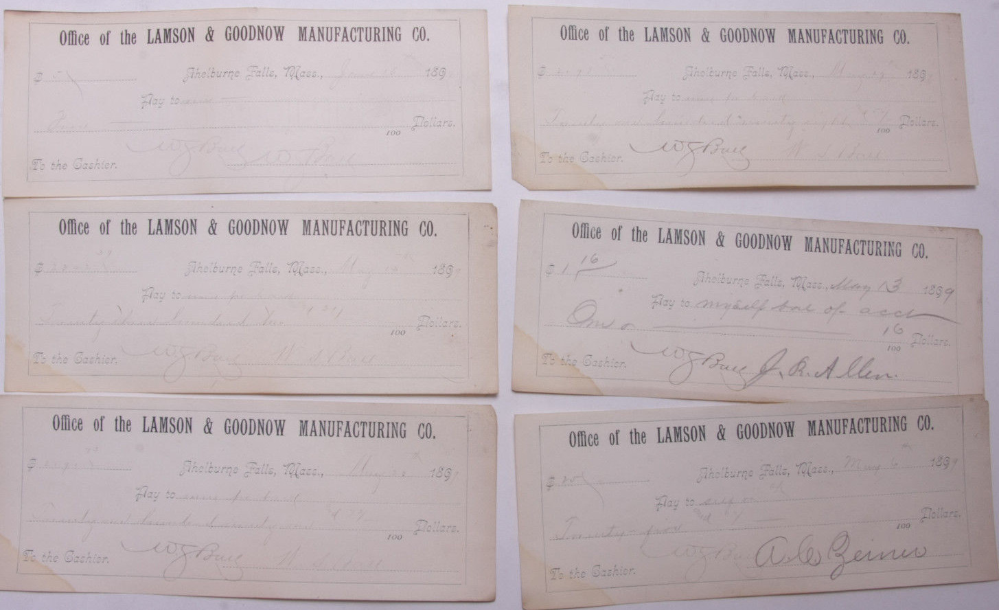1899 Lamson Goodnow (6) Signed Pay Vouchers Antique Hand Written Ephemera C28-10 1899 Lamson Goodnow (6) Signed Pay Vouchers Antique Hand Written Ephemera C28-10